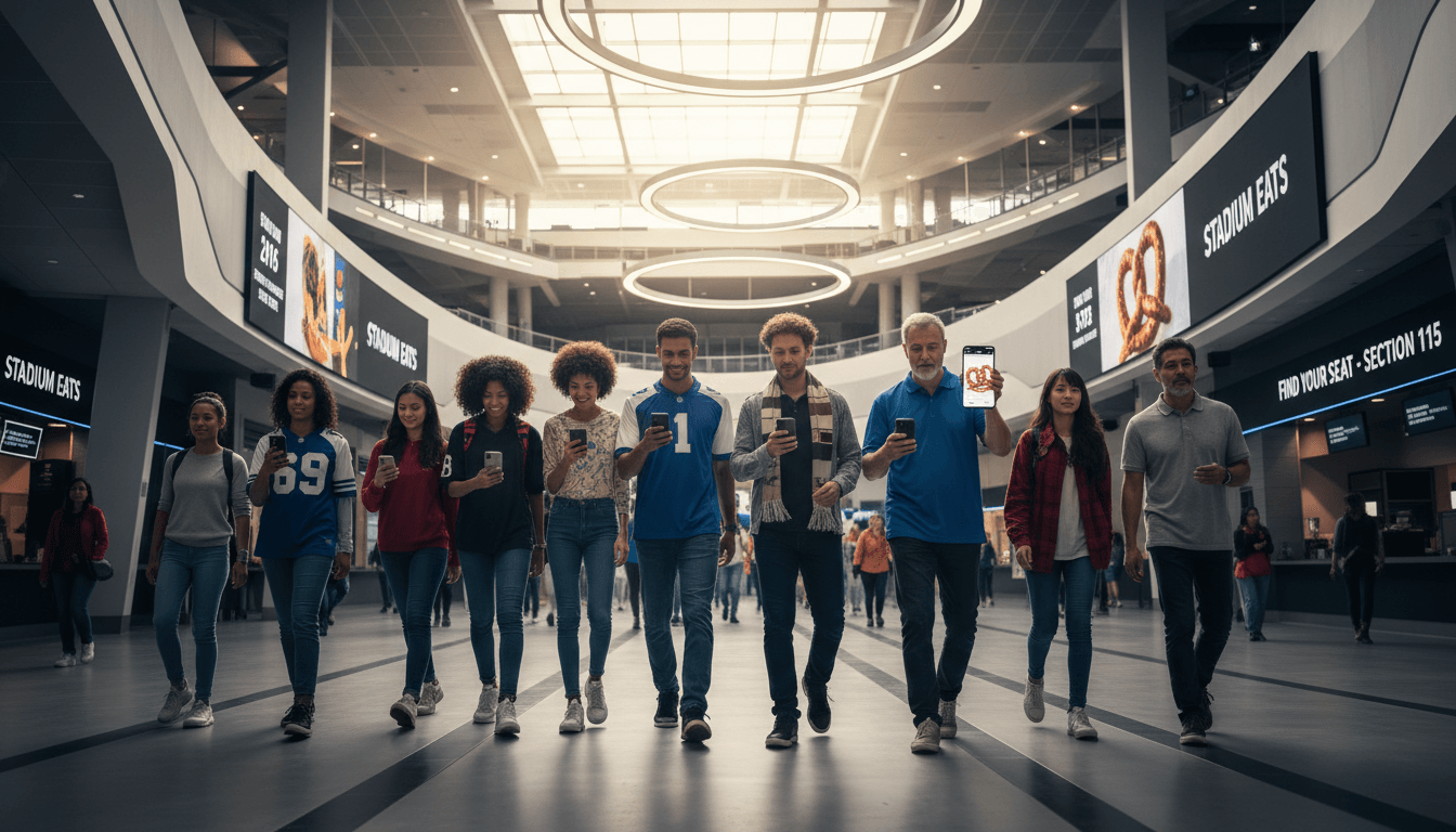 Diverse sports fans walking through stadium concourse, checking smartphones for navigation and service information Diverse sports fans walking through stadium concourse, checking smartphones for navigation and service information